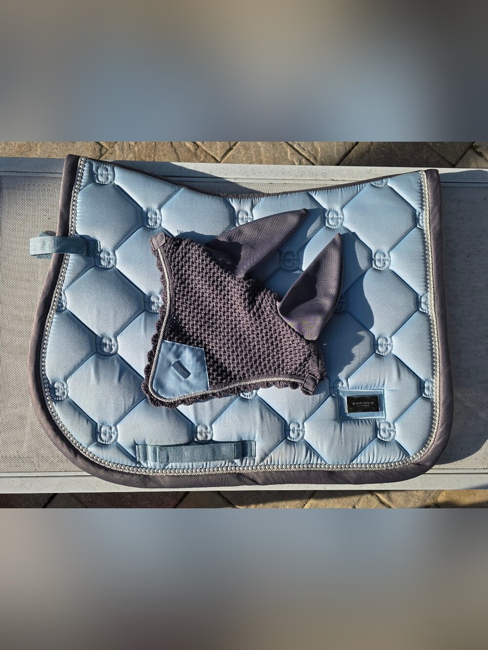 Ice Blue Quilted Jump Saddle Pad And Bonnet Set Es- Full